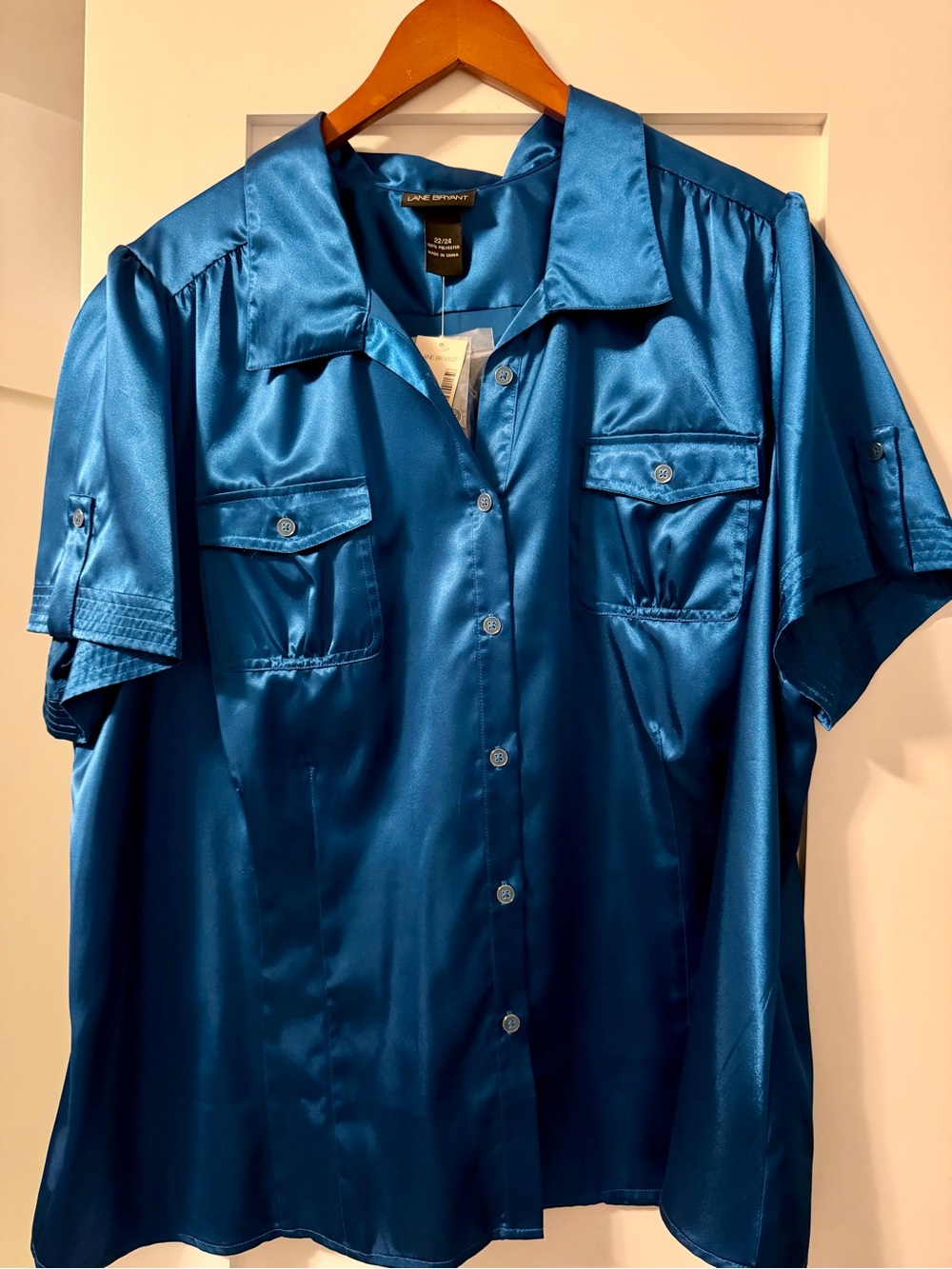 Lane Bryant Bright Blue Satin Short Sleeve Button Down Shirt